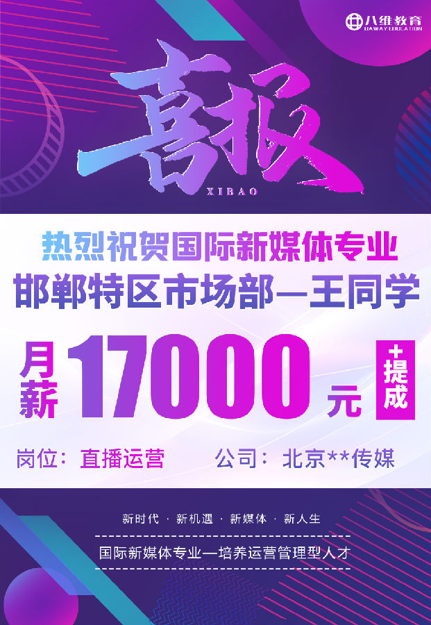 八維職業(yè)學(xué)校國際新媒體專業(yè)最近就業(yè)喜報(bào)來襲